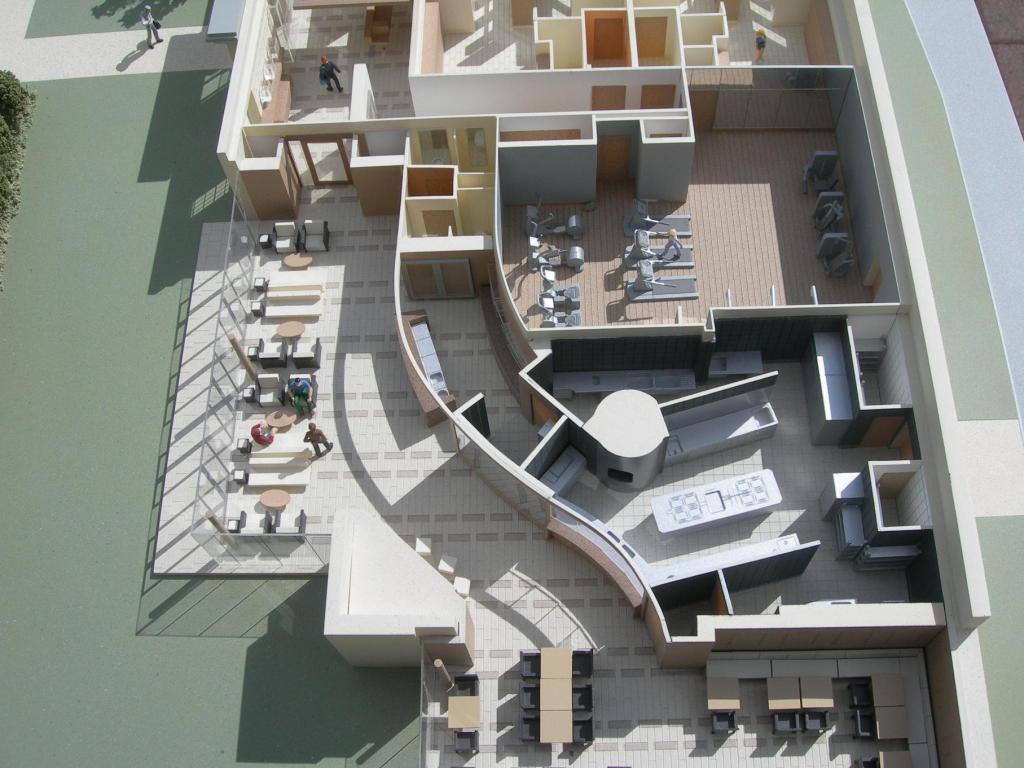 Aerial view of detailed spa building model showing interior layout