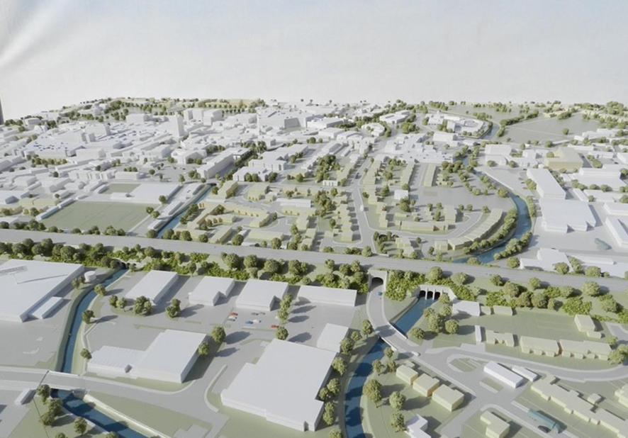 Aerial view of an architectural model showing a housing development